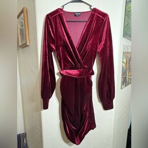 bebe Merlot Velvet Wrap Mini Dress Long Sleeve Deep V Bodycon Party Valentines S